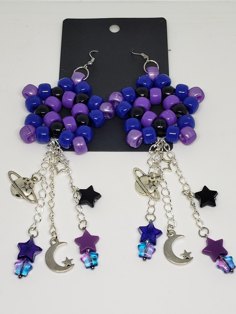 Handmade Purple Blue Black Planet Galaxy Kandi Star Chain Dangle Earrings